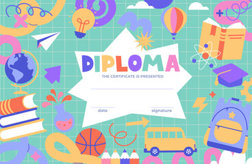 Fototapeta premium Kids Diploma certificate on math copybook background. Colorful template of school and preschool diploma certificate for kids and children in kindergarten or primary grades with school equipment.Vector