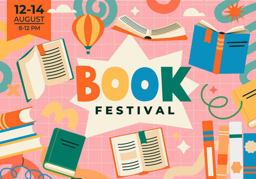 Book festival bright poster. banner. Book fair concept with open and close books. Education, culture festival day, library or literature event. Day for self education.Book sale day.Vector illustration