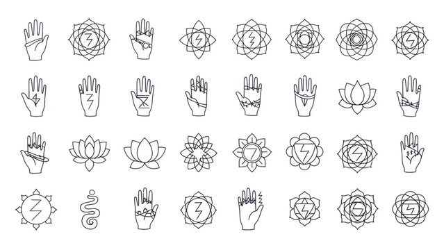 Spiritual Symbols: Yoga Hands, Chakras, Lotus Flower, Energy Icons Collection