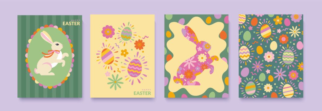 Set of Easter posters.Cute paper cut bunny with flowers inside and easter eggs around him. Easter backrounds with colorful painty eggs and flowers. Easter bunny in vintage colorful frame. Vector
