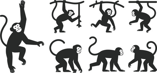 Set of seven black vector monkey silhouettes featuring playful primates hanging from branches walking and sitting for jungle wildlife graphic design and zoo projects © Mahmud's World