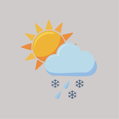 Stylized vector illustration capturing diverse weather conditions, featuring a bright sun, a fluffy cloud, falling raindrops, and delicate snowflakes, symbolizing mixed seasonal atmospheric changes
