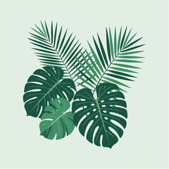 Vibrant collection of tropical leaves, featuring lush Monstera and elegant palm fronds, artfully arranged for exotic botanical designs and summer aesthetics
