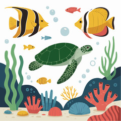 Underwater scene with a sea turtle, coral, and tropical fish in a vibrant ocean ecosystem