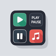 A vibrant illustration featuring a square media player interface with play, pause, and music note buttons in a modern, flat design style for digital content