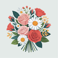 Beautiful floral bouquet illustration with pink and red roses and white daisies, symbolizing love, joy, and appreciation for celebrations and special heartfelt moments