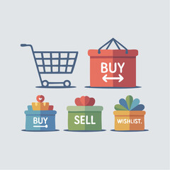 Collection of shopping icons, including a shopping cart, buy and sell boxes, and a wishlist