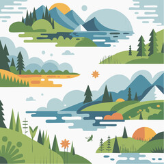 Vibrant Flat Design Landscapes with Mountains, Rivers, and Forests Creating a Serene Natural Panorama