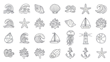 Nautical Line Art Icons: Seashells, Waves, Starfish, Anchor, Lighthouse, Jellyfish, Sailboat © sinaga