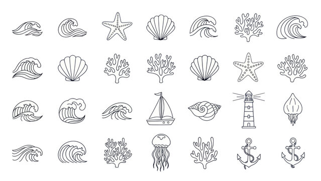 Nautical Icons Set: Waves, Starfish, Shells, Coral, Lighthouse, Anchor, Jellyfish