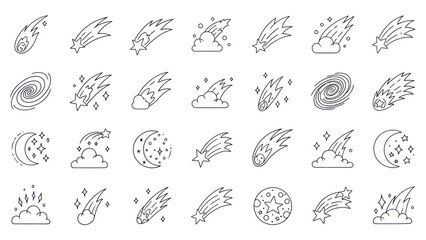 Set of meteor, comet, galaxy and moon icons in doodle style, vector illustration