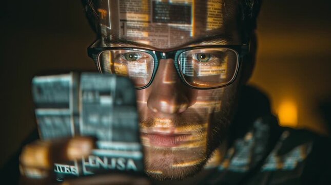 Person holding a smartphone in the dark, screen glowing intensely. Fake news headlines reflect on their face, symbolizing misinformation, digital overload, and modern media influence.
