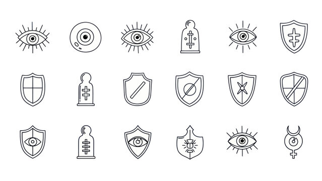 Mystical Protection Symbols: Eyes, Shields, and Amulets Icon Set - Vector Art
