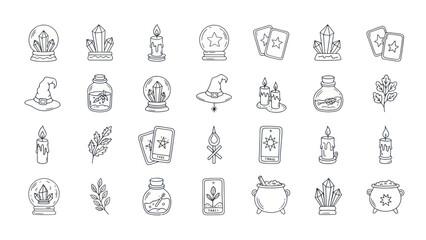 Mystical Symbols Set: Witchcraft, Magic, Fortune Telling Icons - Crystal Ball, Tarot, Potion