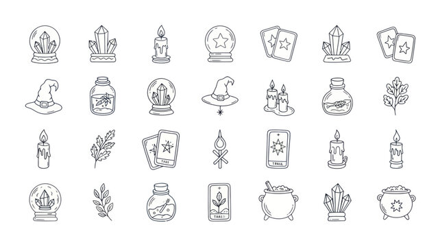 Mystical Symbols Set: Witchcraft, Magic, Fortune Telling Icons - Crystal Ball, Tarot, Potion