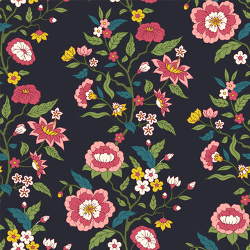 Seamless Jacobean pattern with hand drawn pink and yellow flowers and leaves on black background