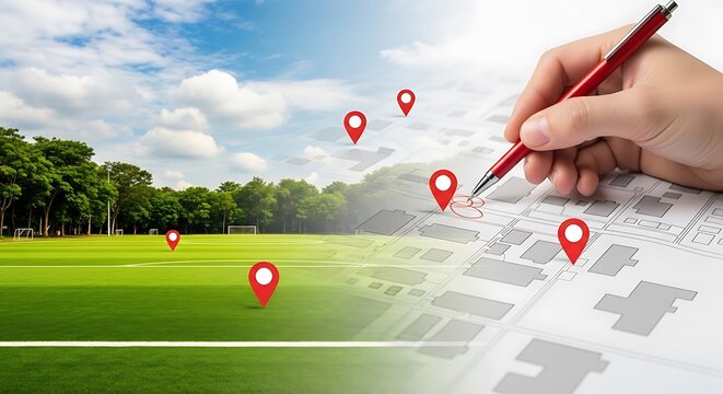 Urban planning concept with map and location pins
