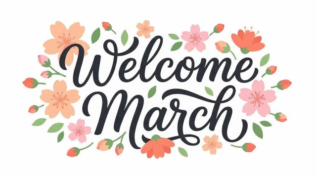 "welcome march" calligraphy script with blooming pink flowers and green leaves. spring season floral typography. seasonal greeting card, calendar, website header.