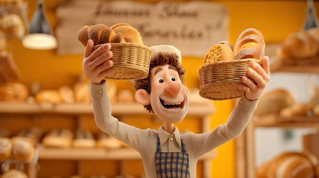 A cheerful baker holds up two wicker baskets filled with various types of bread in a bakery