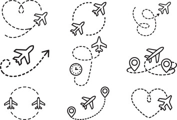 Airplane and Flight Path Line Doodle Set &ndash; Travel, Route & Navigation Illustration