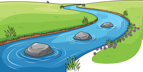 Peaceful river landscape with rocks, grassy banks, and purple flowers, ideal for nature themes and outdoor visuals. © Yeasrin