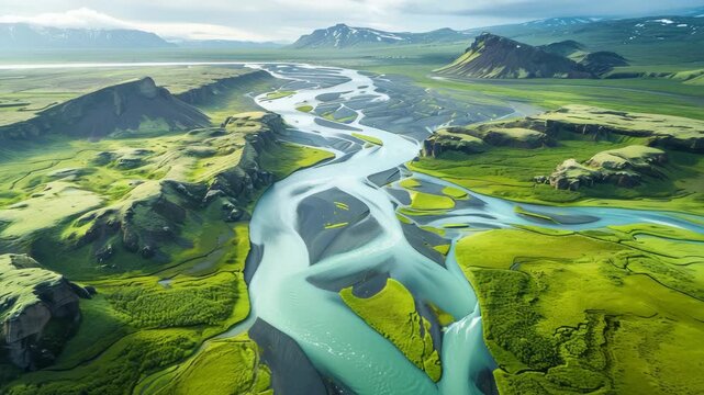Aerial drone footage of Iceland glacier river flowing through volcanic green landscape 4k cinematic video