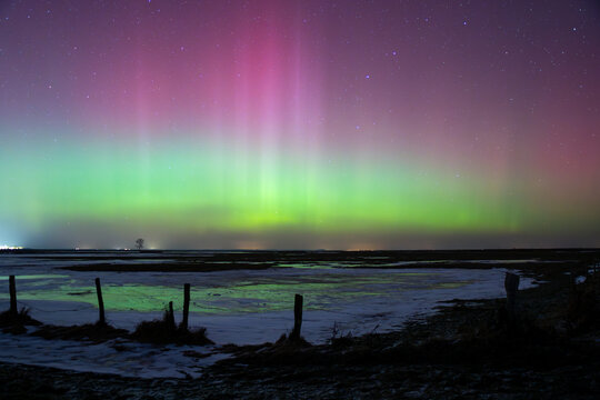 Red and Green Aurora Borealis over an Icy Meadow near Greifswald at Night