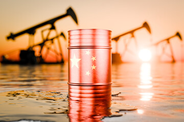 A barrel of oil depicting the Chinese flag. Oil production in China. The price of oil produced in China. Black barrels of crude oil or fuel with the Chinese flag. Sanctioned oil. 3D render.