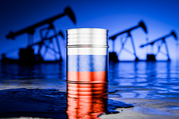 A barrel of oil with the Russian flag depicted on it. Oil production in Russia. The price of oil produced in Russia. Black barrels of oil or fuel with the Russian flag. Sanctioned oil. 3D render.