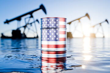 Barrel of oil depicting the United States of America. Oil production in the United States. The price of oil produced in America. American oil. Black barrels of oil or fuel with the US flag. 3D render.