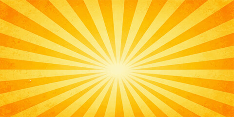 Obraz premium A vibrant orange sunburst background features bright yellow summer sun rays and warm golden sunshine beams radiating from a central starburst design for a hot sunrise vector illustration