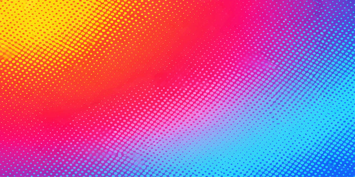 Abstract colorful rainbow background design featuring a halftone dot pattern and digital wave shapes with artistic blue and yellow vector elements on a vibrant textured wallpaper backdrop