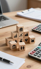 cluttered wooden desk filled stacked blocks featuring various tax icons calculator papers warm natural light casting