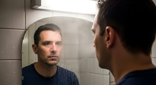 Man stares intently at his reflection in the mirror deep in thought.