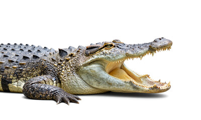 Obraz premium crocodile enormous jaws form dramatic arc across pristine white surface isolated backdrop illuminated soft natural light
