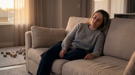 Obraz premium Tired mother sitting on couch with soft lighting and warm atmosphere in living room. Tired mother looks pensive and contemplative, surrounded by children's toys on floor.
