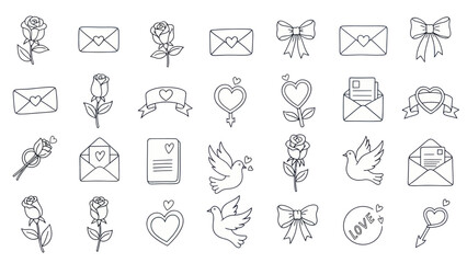 Fototapeta premium Hand-drawn Valentine's Day Icons: Hearts, Roses, Envelopes, Doves, Bows