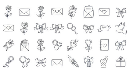 Fototapeta premium Hand-Drawn Valentine's Day Icons: Roses, Envelopes, Hearts, Bows, and Love Symbols