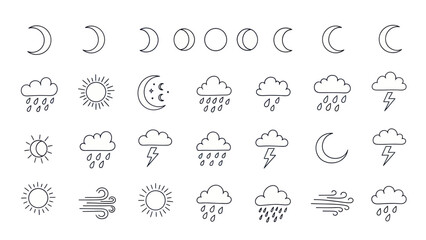 Hand-drawn Weather Icons Set: Moon Phases, Sun, Clouds, Rain, Storm, Wind