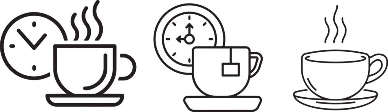 Tea Time: A delightful graphic featuring three steaming teacups alongside clocks, evoking a sense of relaxation and the perfect moment for a comforting cup.