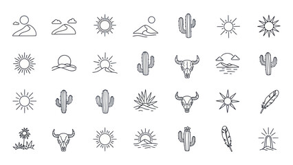 Fototapeta premium Minimalist Desert Icons: Cactus, Sun, Mountains, Bull Skull, Feather