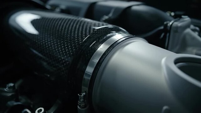 V12 Engine Intake Runner: Carbon Fiber to Aluminum Transition, Smooth Tracking Shot