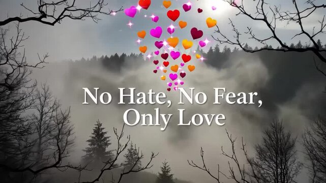 No hate, no fear, only love message in a misty forest