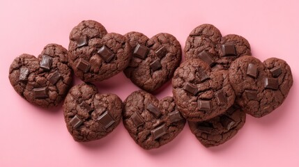 Obraz premium Heart-Shaped Chocolate Cookies on Pink Background, Perfect for Valentine's Day Treats or Sweet Celebrations, Gourmet Dessert Idea for Cookie Lovers