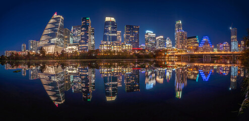 Austin Downtown modern office hub of world technology center business urban city landscape of skyscraper and travel destination park along the river and park in capital city of Texas, USA at sunset © Nantiya