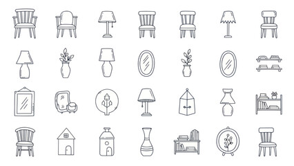 Hand-drawn Home Decor Icons Set: Furniture, Lamps, Mirrors, Shelves