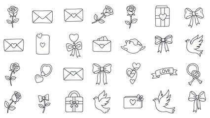 Fototapeta premium Hand-Drawn Love Icons: Roses, Envelopes, Hearts, Doves, Bows, Gifts