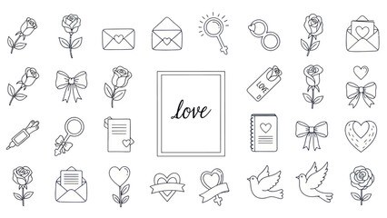 Obraz premium Hand-Drawn Love Icons Collection: Roses, Envelopes, Hearts, Doves, Ribbons, Magnifying Glass