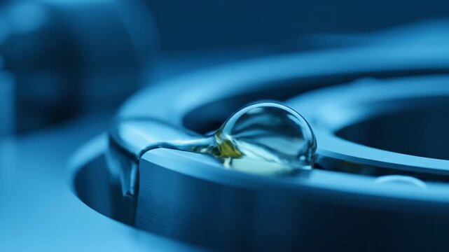 Microscopic view of oil droplet flowing onto a polished steel bearing surface, showcasing oil wedge formation.