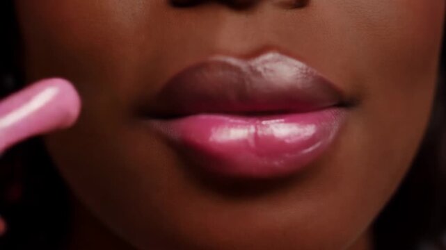 Glossy lips and pink lip gloss application on African American skin with smooth motion captured in closeup view